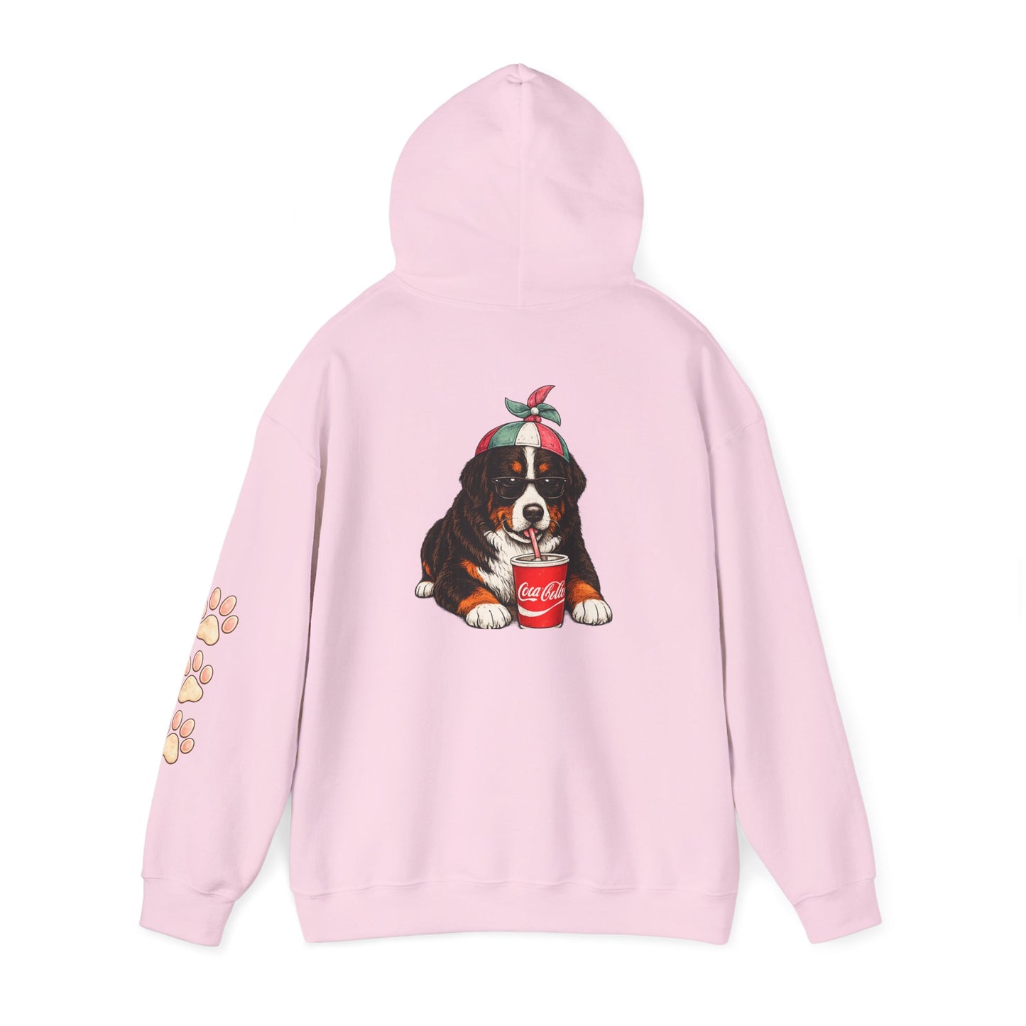 Bernese Mountain Puppy Hoodie — Cute Dog Drinking Soda Graphic Sweatshirt with Paw Sleeve