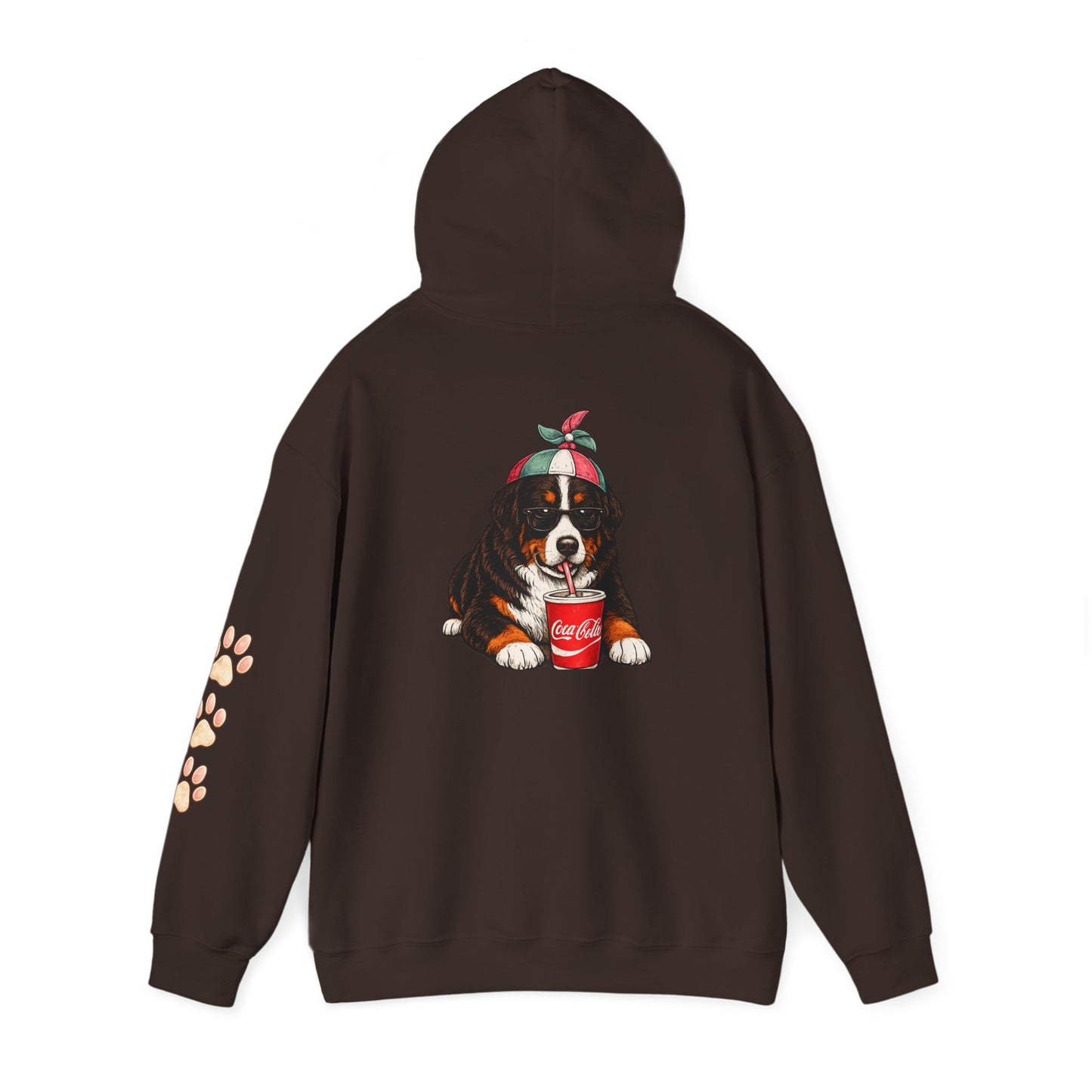 Bernese Mountain Puppy Hoodie — Cute Dog Drinking Soda Graphic Sweatshirt with Paw Sleeve
