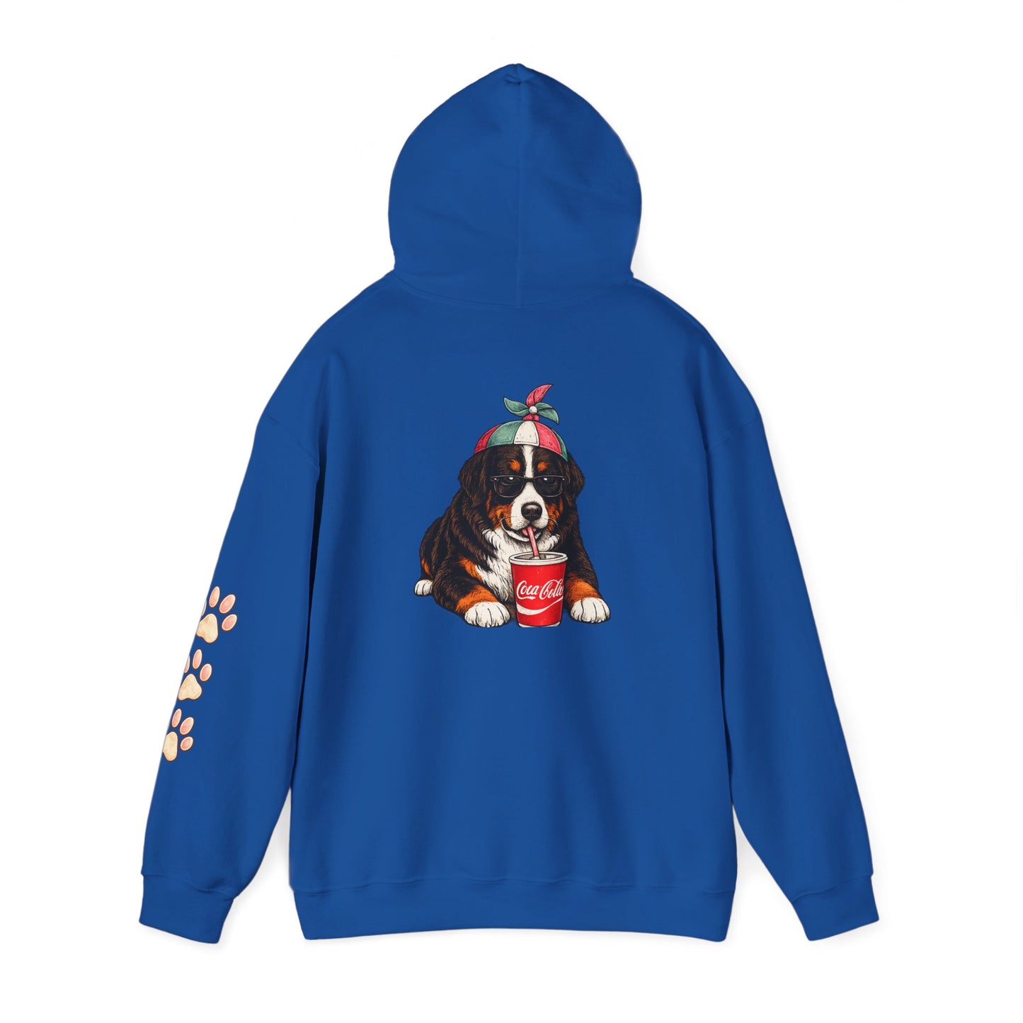 Bernese Mountain Puppy Hoodie — Cute Dog Drinking Soda Graphic Sweatshirt with Paw Sleeve