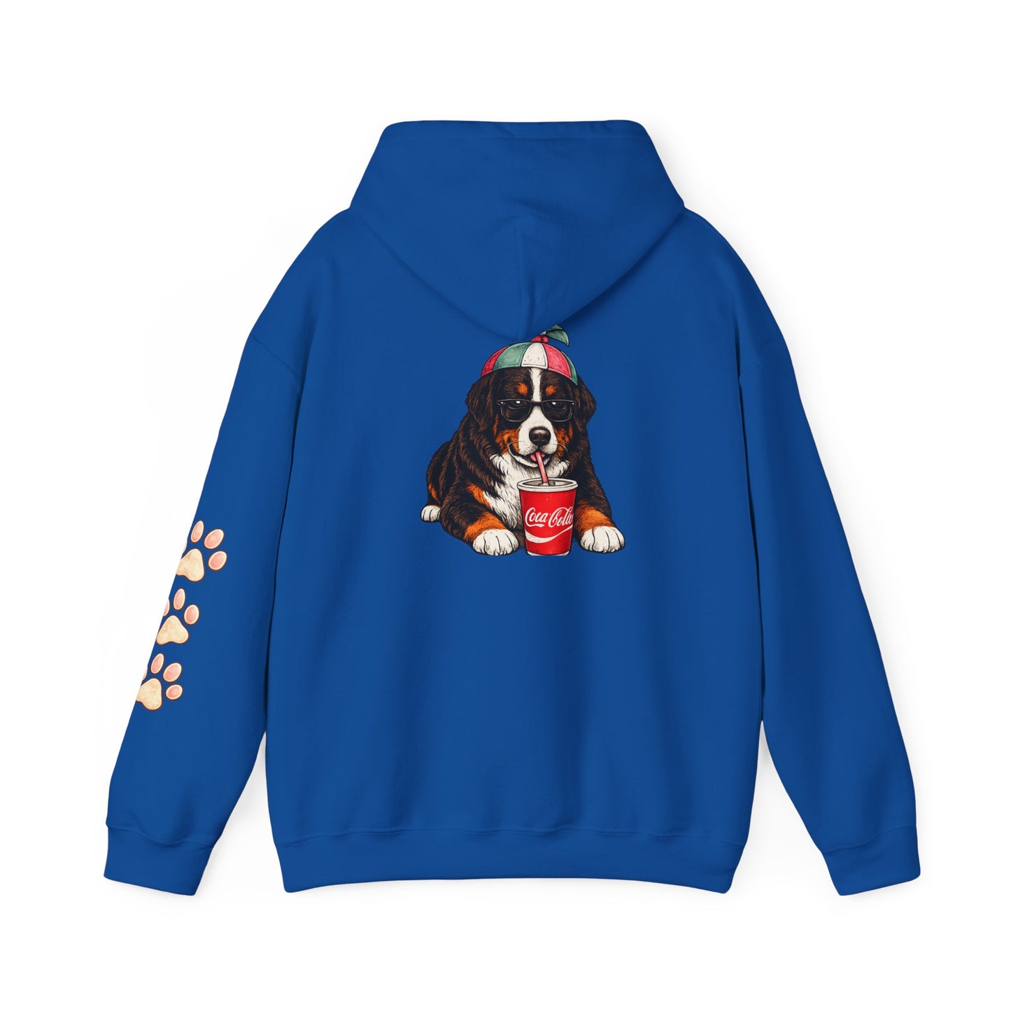 Bernese Mountain Puppy Hoodie — Cute Dog Drinking Soda Graphic Sweatshirt with Paw Sleeve