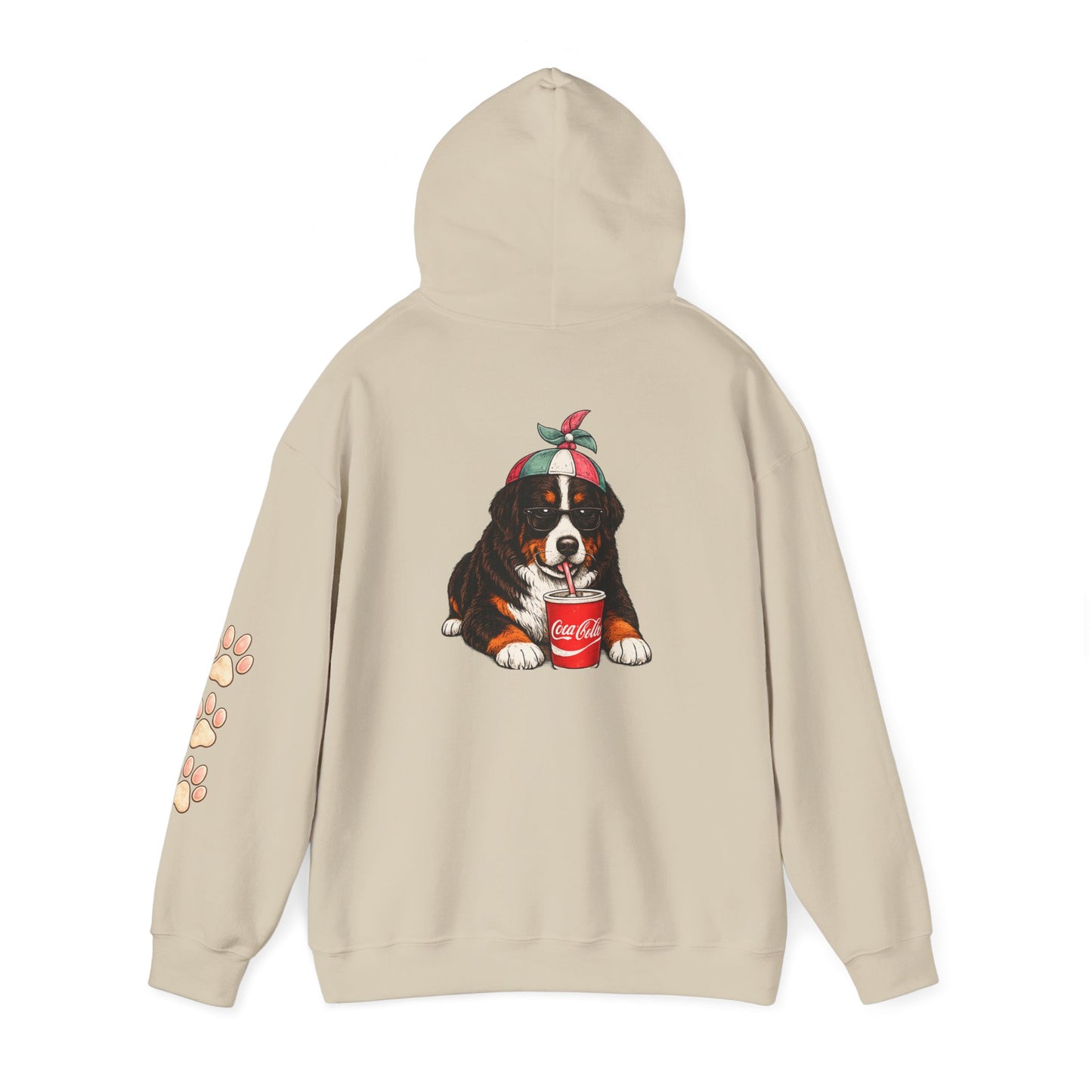 Bernese Mountain Puppy Hoodie — Cute Dog Drinking Soda Graphic Sweatshirt with Paw Sleeve