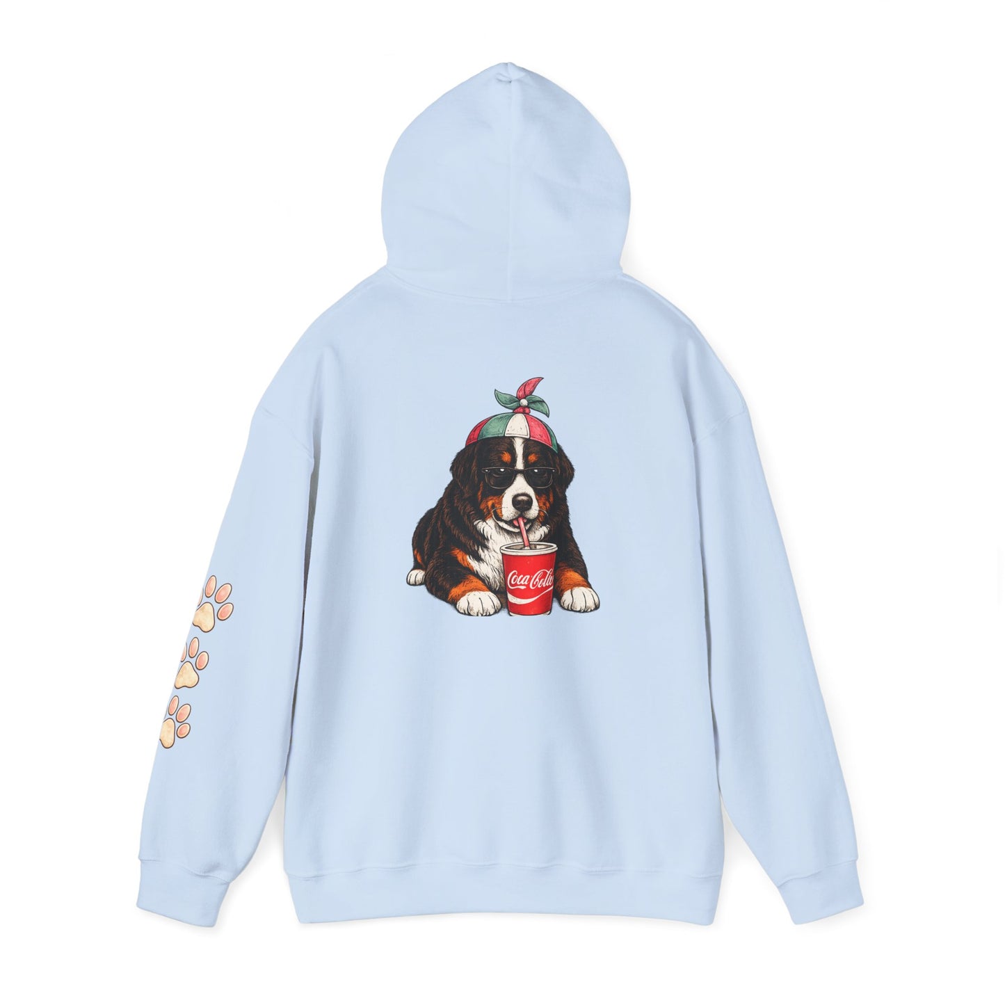 Bernese Mountain Puppy Hoodie — Cute Dog Drinking Soda Graphic Sweatshirt with Paw Sleeve
