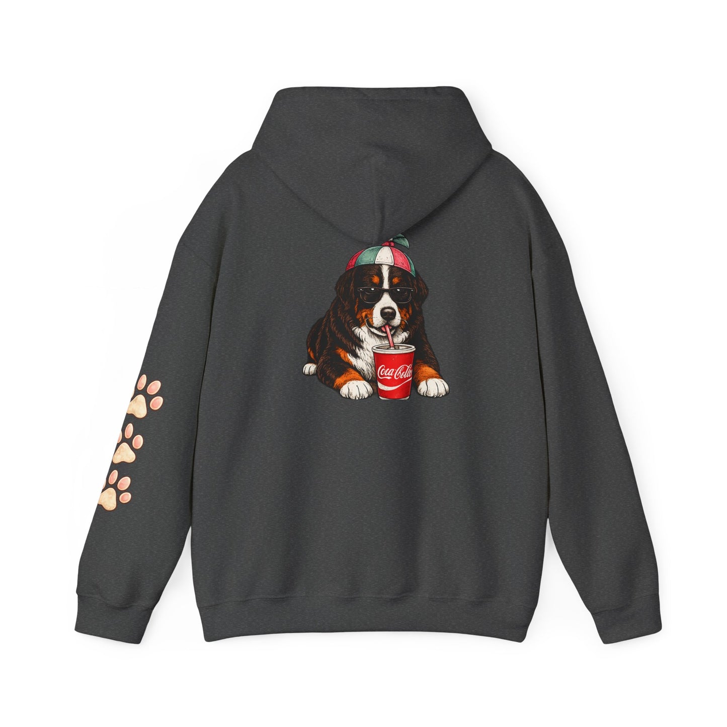 Bernese Mountain Puppy Hoodie — Cute Dog Drinking Soda Graphic Sweatshirt with Paw Sleeve
