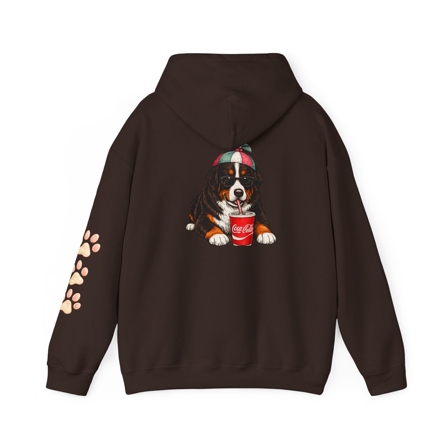 Bernese Mountain Puppy Hoodie — Cute Dog Drinking Soda Graphic Sweatshirt with Paw Sleeve
