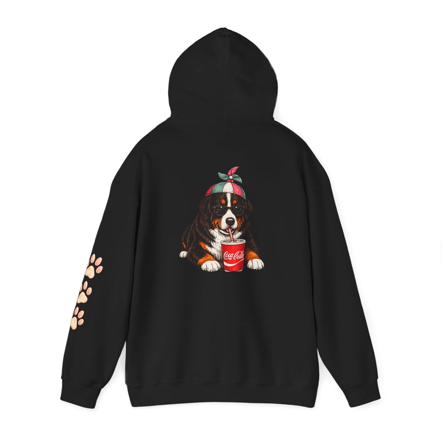 Bernese Mountain Puppy Hoodie — Cute Dog Drinking Soda Graphic Sweatshirt with Paw Sleeve