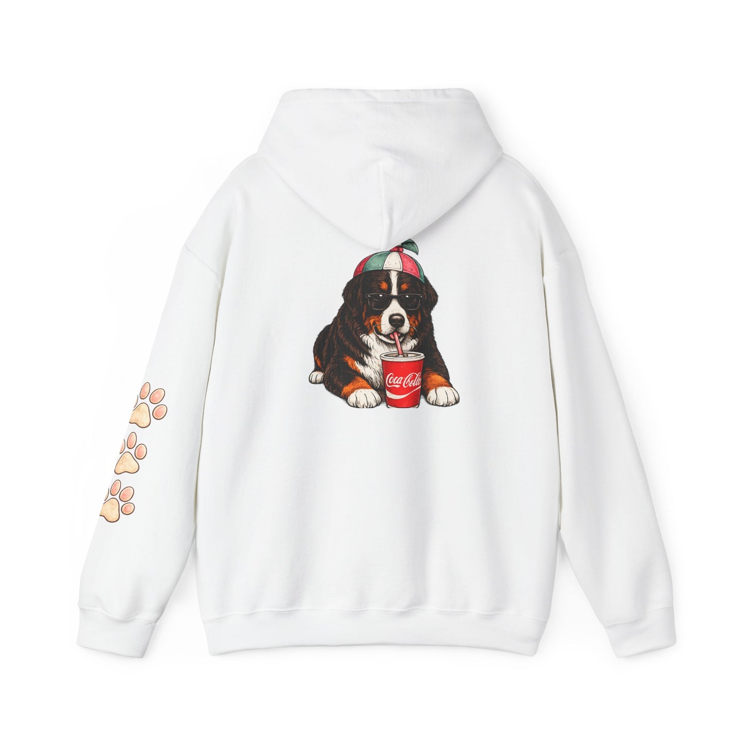 Bernese Mountain Puppy Hoodie — Cute Dog Drinking Soda Graphic Sweatshirt with Paw Sleeve