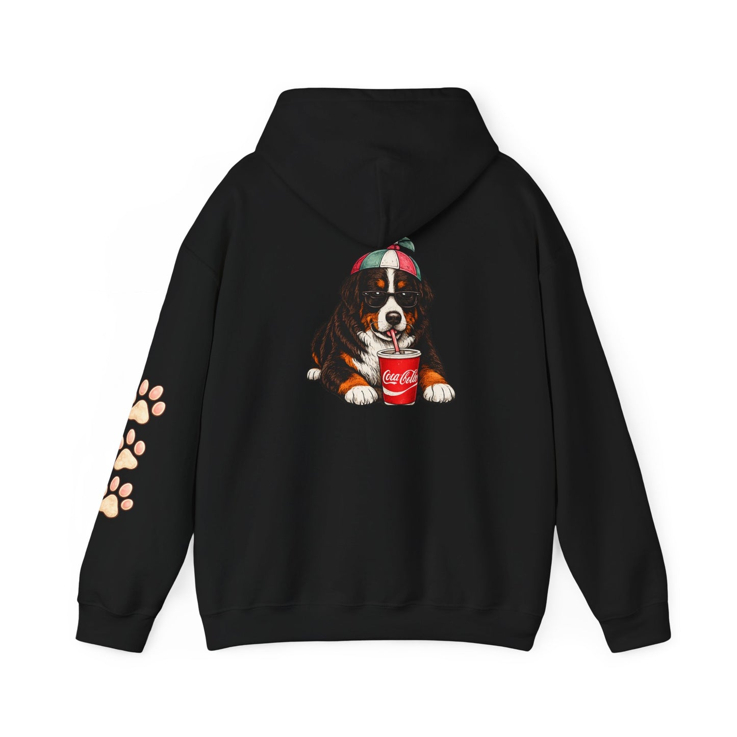 Bernese Mountain Puppy Hoodie — Cute Dog Drinking Soda Graphic Sweatshirt with Paw Sleeve