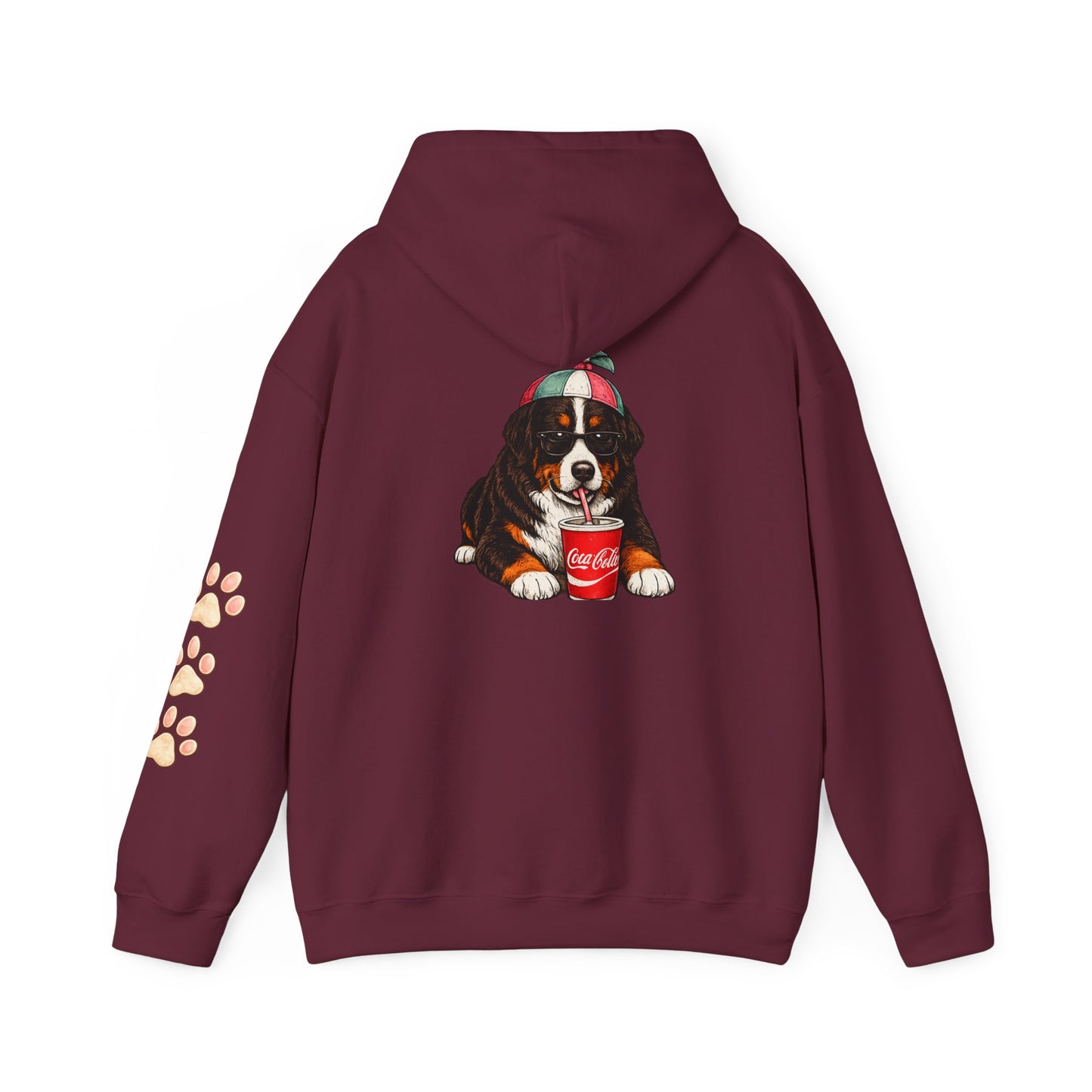 Bernese Mountain Puppy Hoodie — Cute Dog Drinking Soda Graphic Sweatshirt with Paw Sleeve