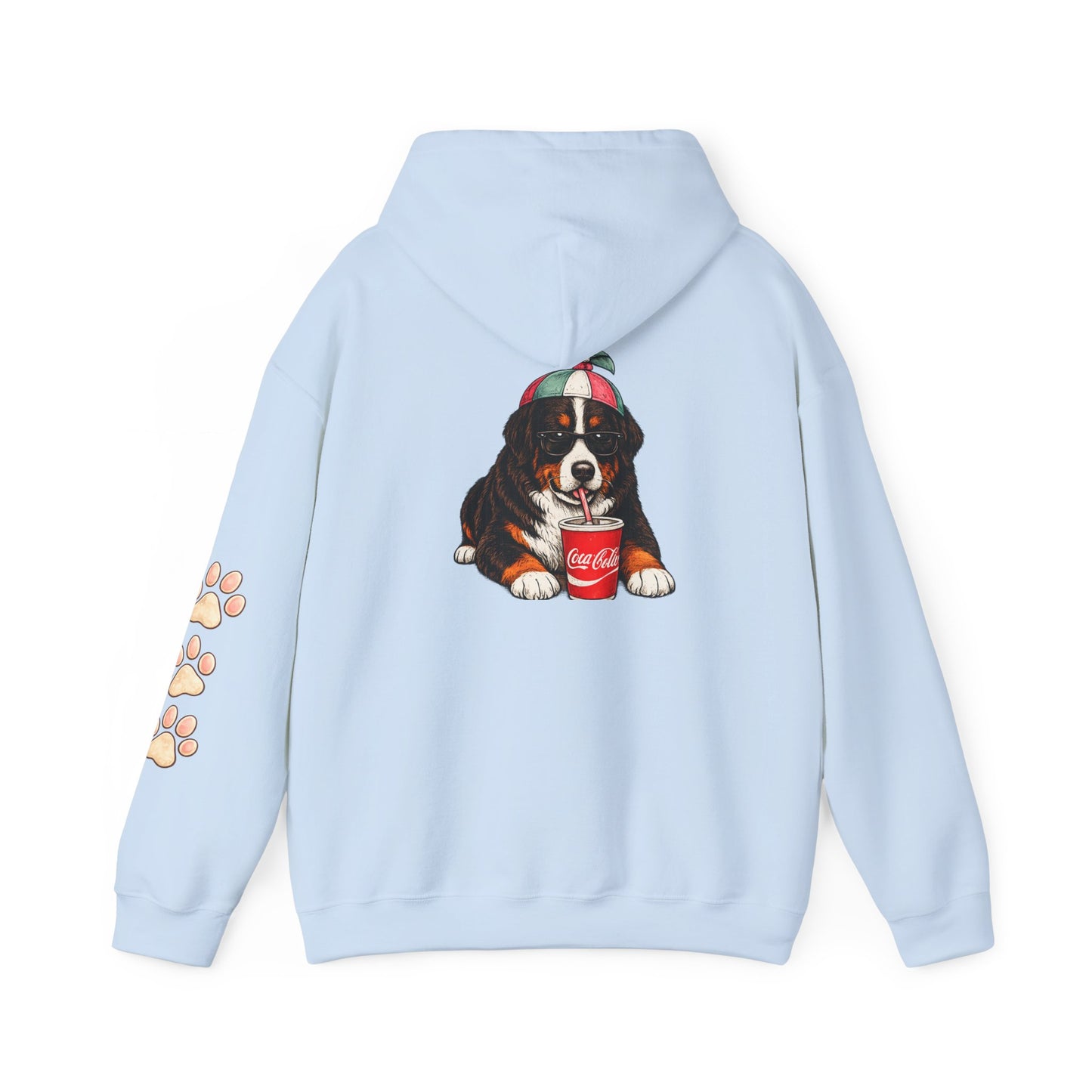 Bernese Mountain Puppy Hoodie — Cute Dog Drinking Soda Graphic Sweatshirt with Paw Sleeve