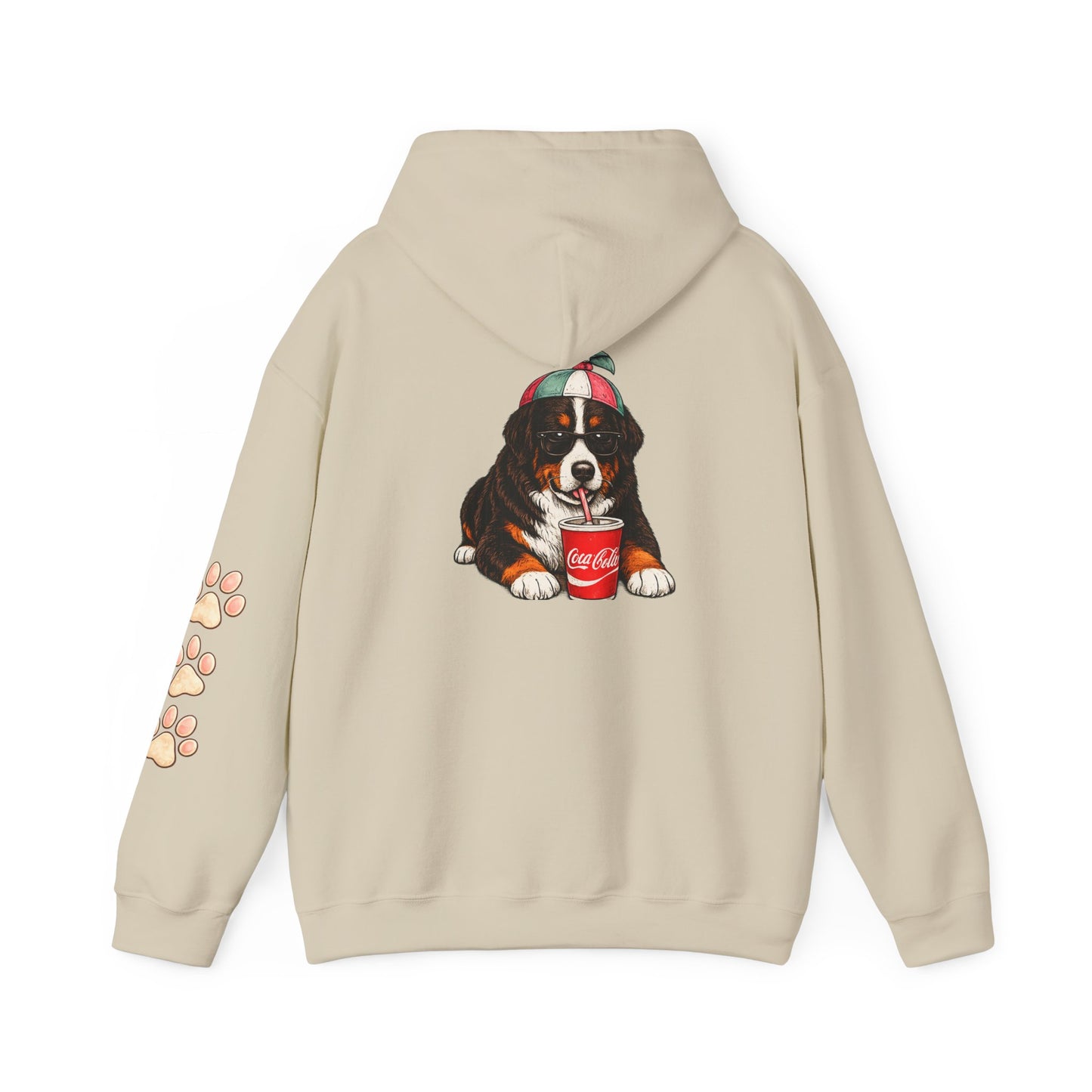 Bernese Mountain Puppy Hoodie — Cute Dog Drinking Soda Graphic Sweatshirt with Paw Sleeve