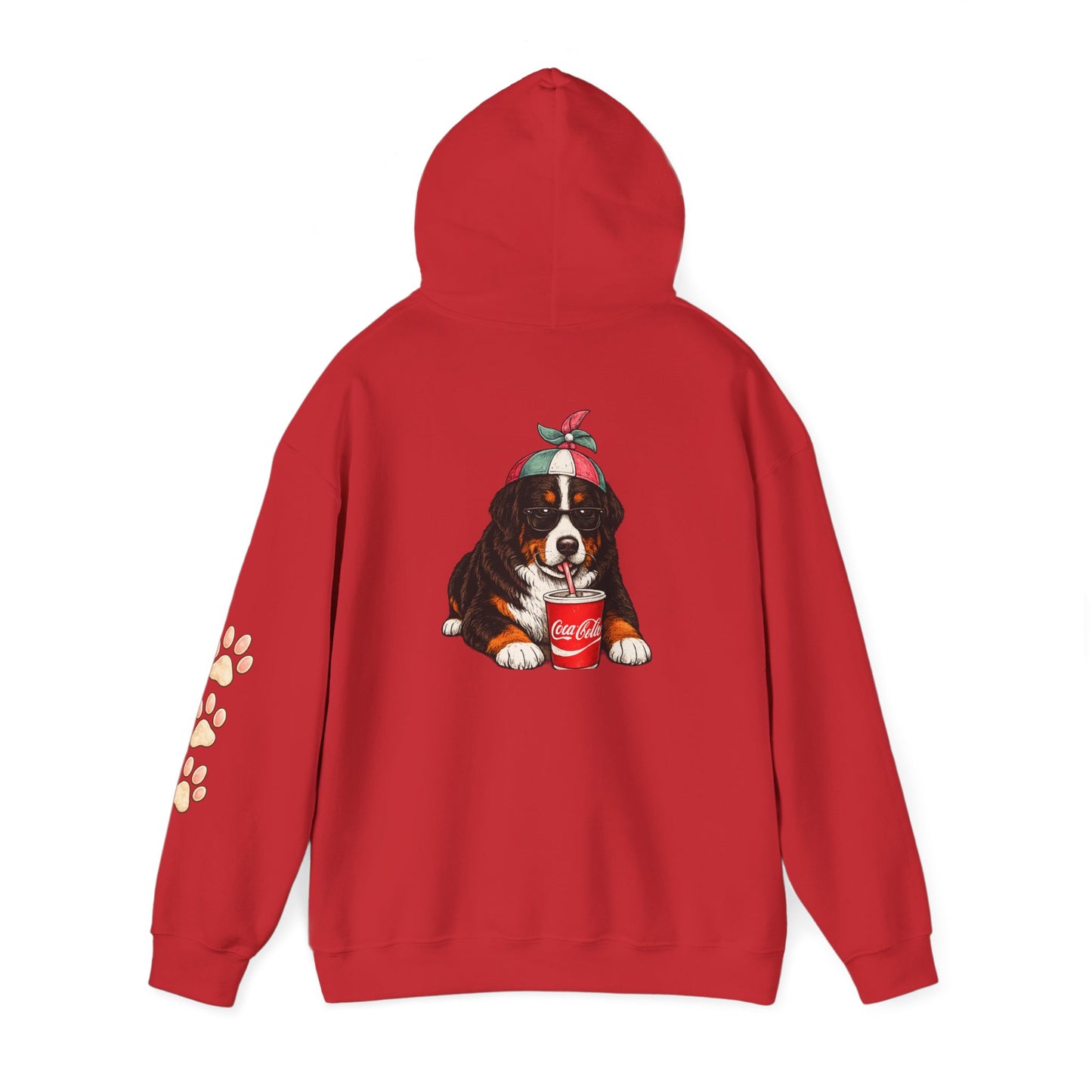 Bernese Mountain Puppy Hoodie — Cute Dog Drinking Soda Graphic Sweatshirt with Paw Sleeve