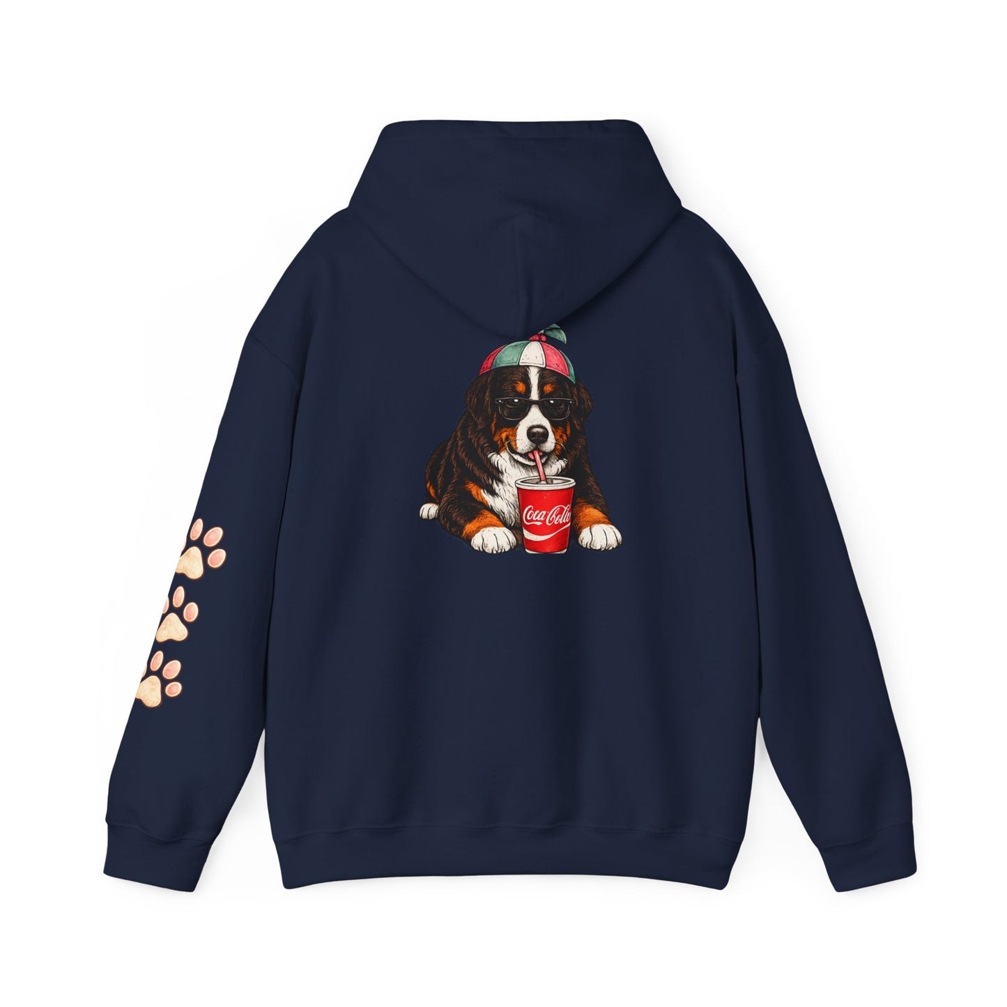 Bernese Mountain Puppy Hoodie — Cute Dog Drinking Soda Graphic Sweatshirt with Paw Sleeve