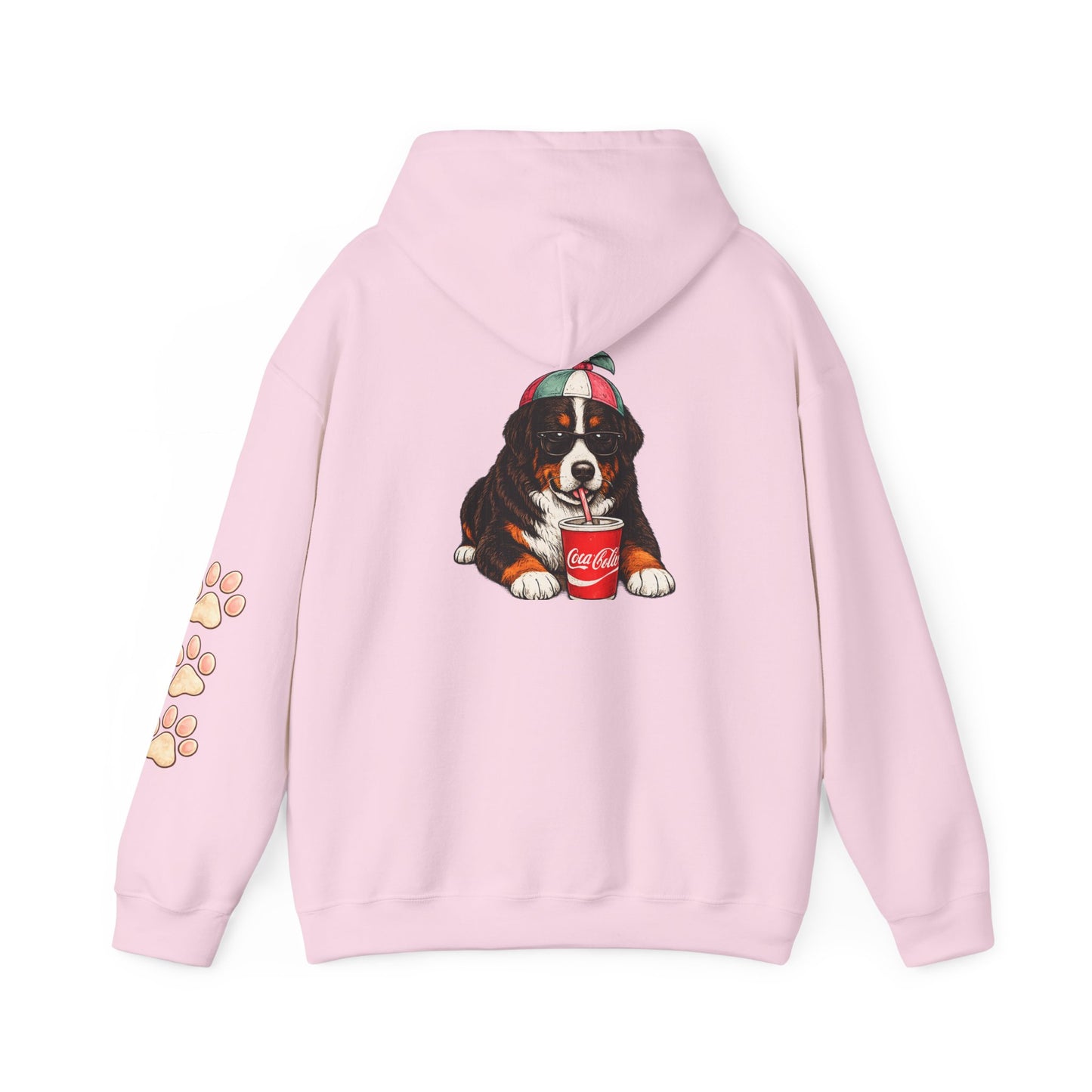 Bernese Mountain Puppy Hoodie — Cute Dog Drinking Soda Graphic Sweatshirt with Paw Sleeve