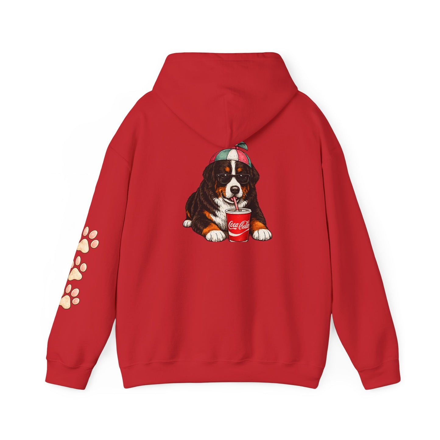 Bernese Mountain Puppy Hoodie — Cute Dog Drinking Soda Graphic Sweatshirt with Paw Sleeve