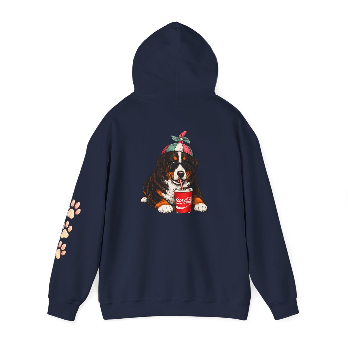 Bernese Mountain Puppy Hoodie — Cute Dog Drinking Soda Graphic Sweatshirt with Paw Sleeve