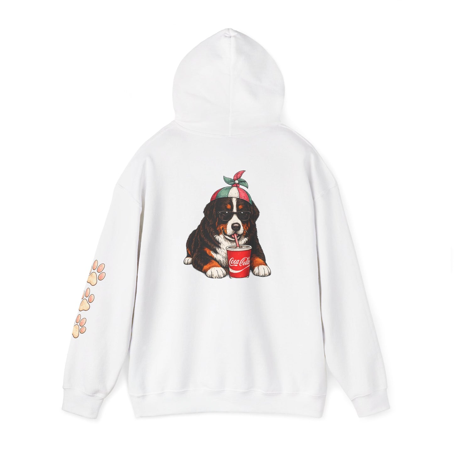 Bernese Mountain Puppy Hoodie — Cute Dog Drinking Soda Graphic Sweatshirt with Paw Sleeve