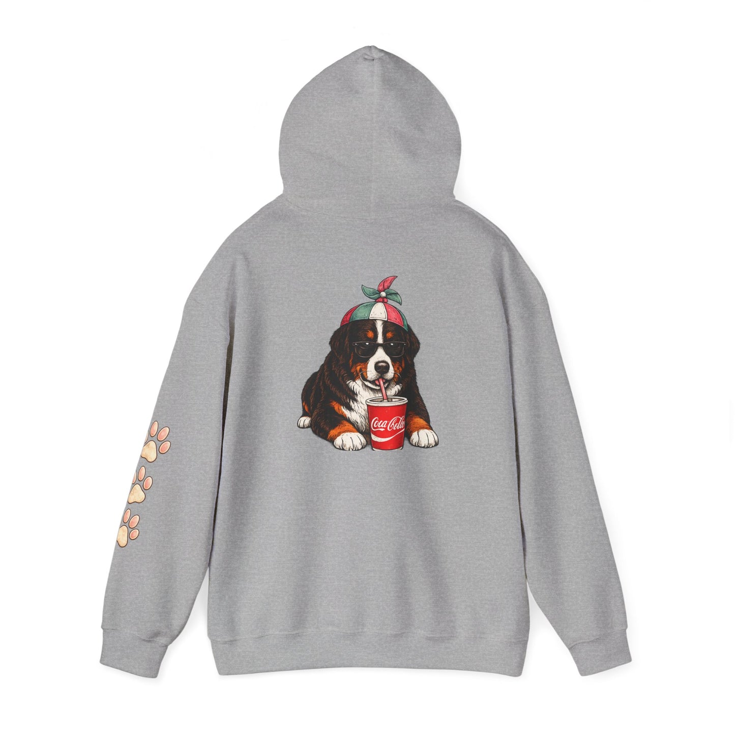 Bernese Mountain Puppy Hoodie — Cute Dog Drinking Soda Graphic Sweatshirt with Paw Sleeve