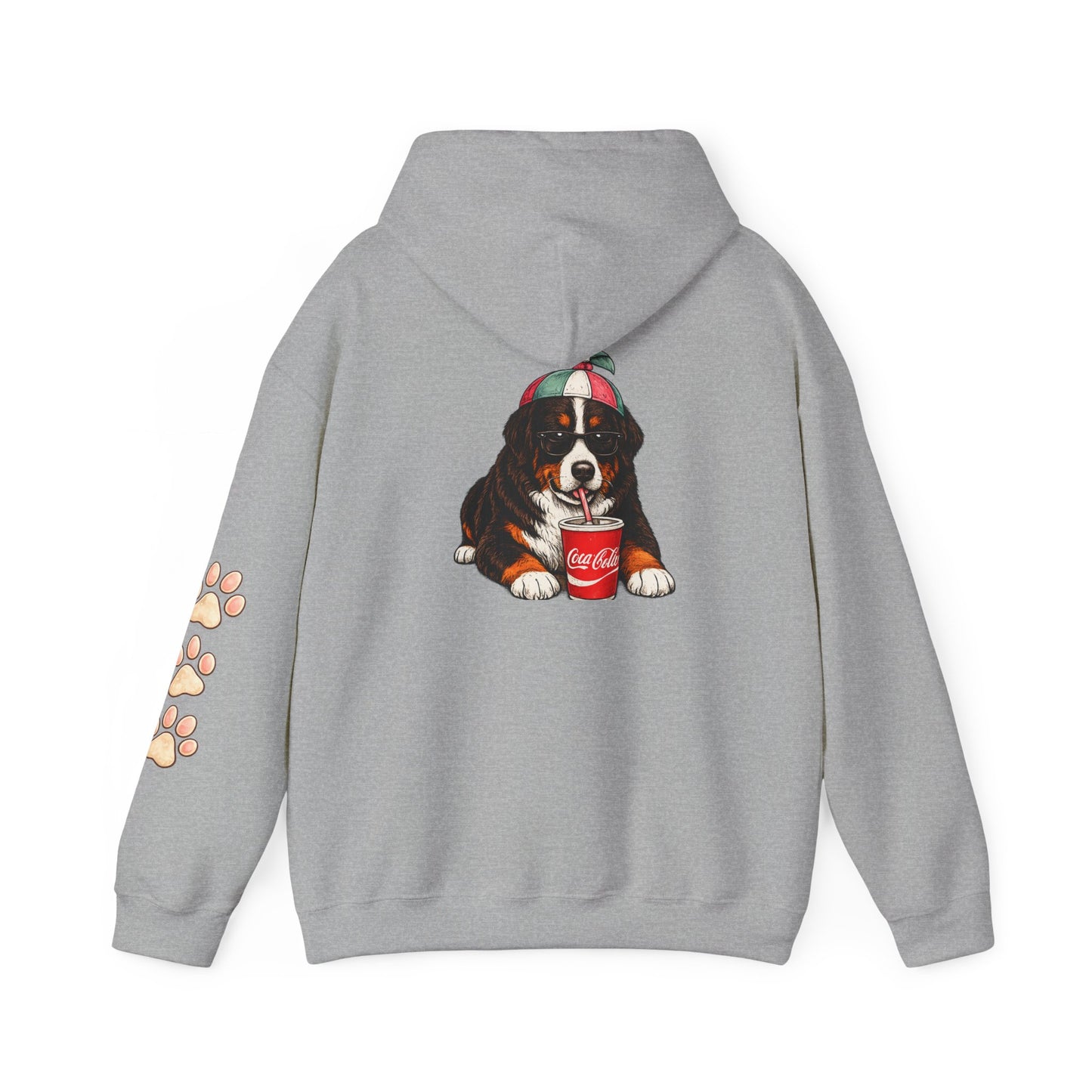 Bernese Mountain Puppy Hoodie — Cute Dog Drinking Soda Graphic Sweatshirt with Paw Sleeve